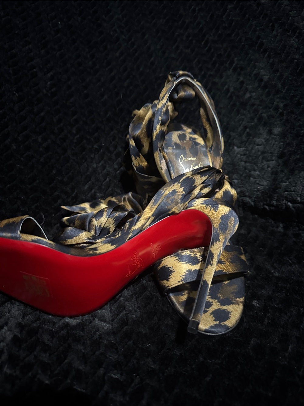 Christian Louboutin Leopard-Print Satin Ankle-Tie Heels in Gold and Black - Picture 2 of 11